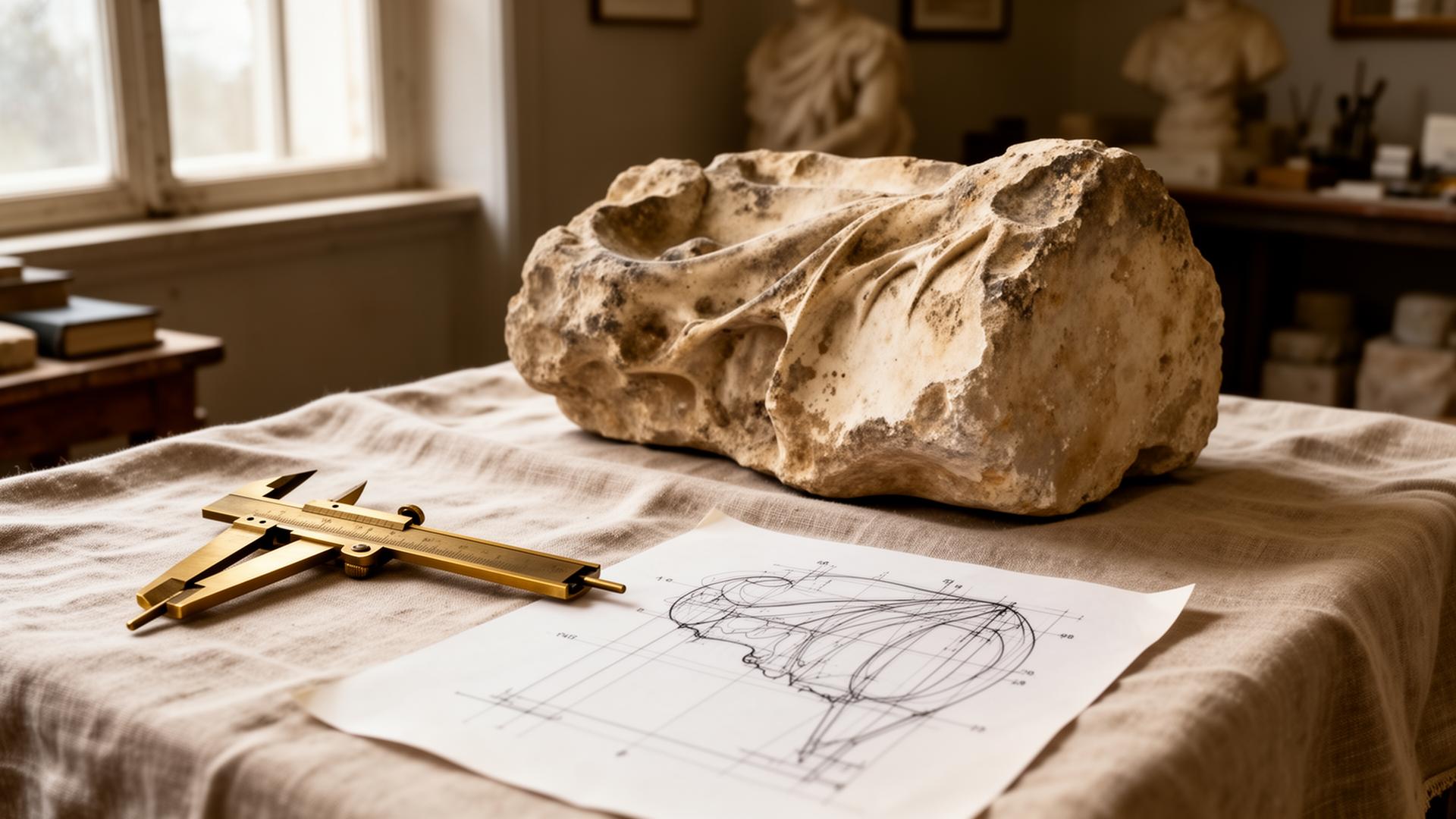 Conservator's workshop — limestone fragment with measured drawing